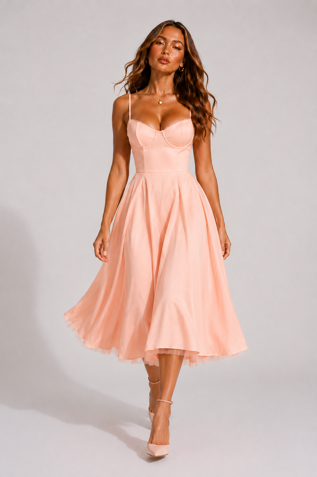 Women's sweetheart neckline flared midi dress in yellow