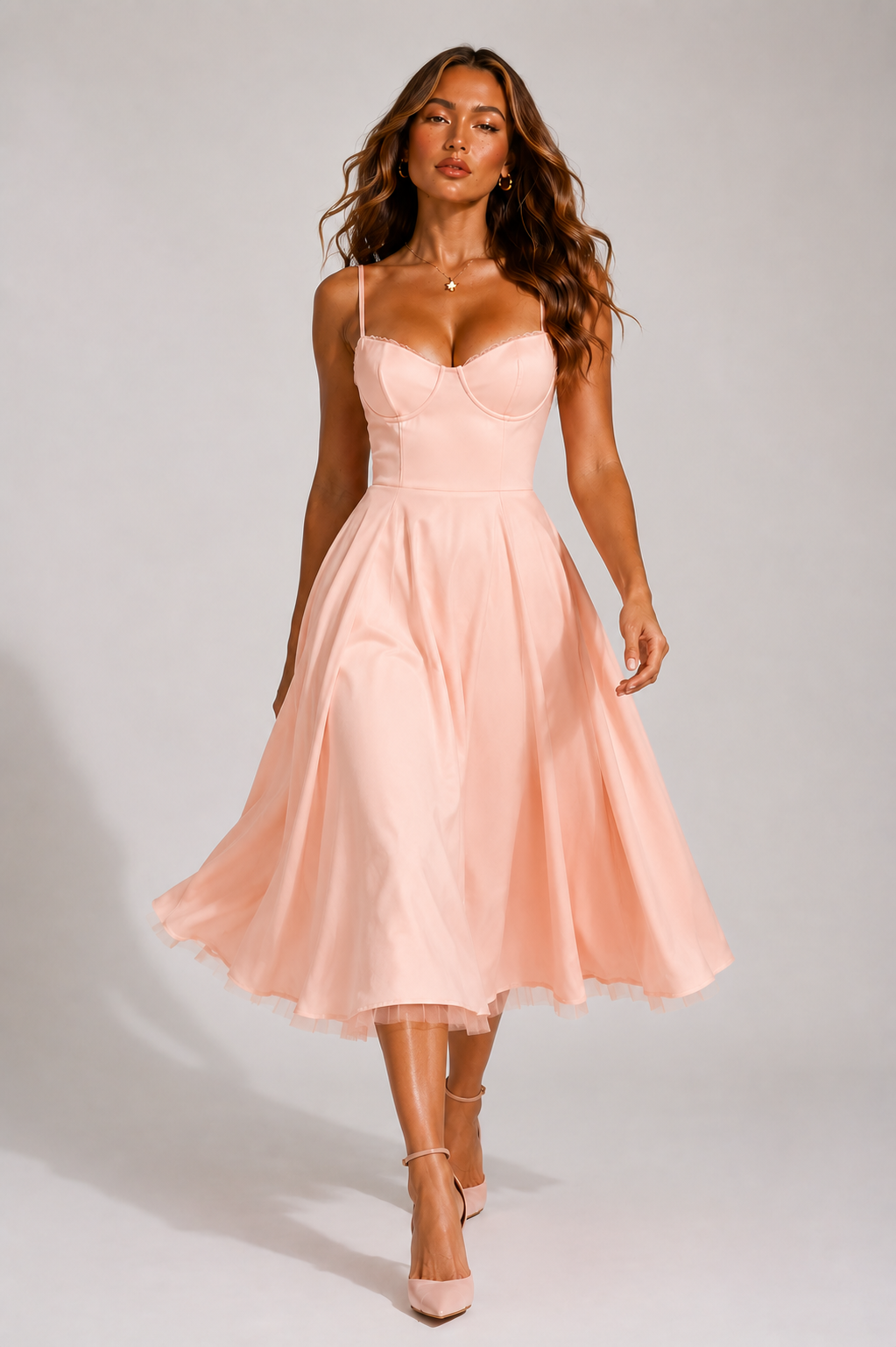 Women's sweetheart neckline flared midi dress in yellow