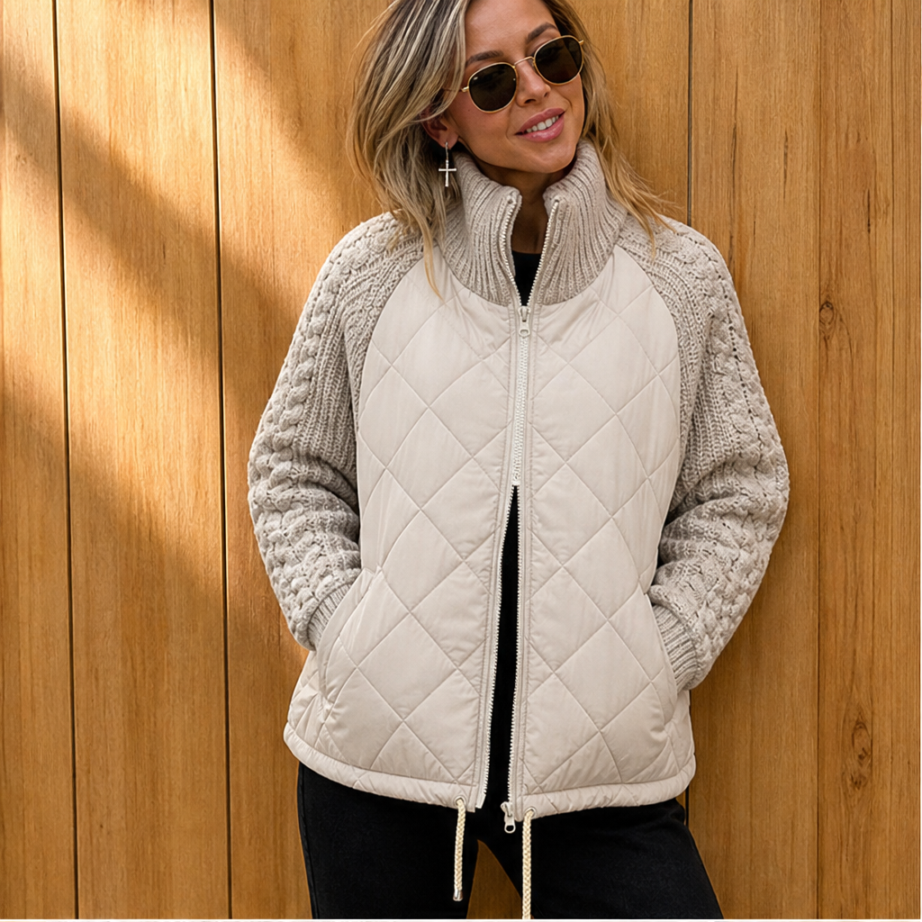 Women's quilted jacket with cable-knit sleeves and high collar