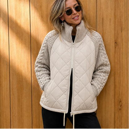 Women's quilted jacket with cable-knit sleeves and high collar