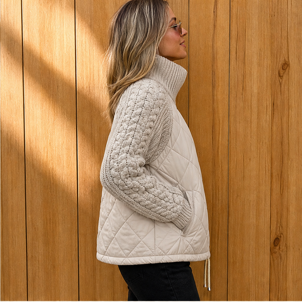 Women's quilted jacket with cable-knit sleeves and high collar