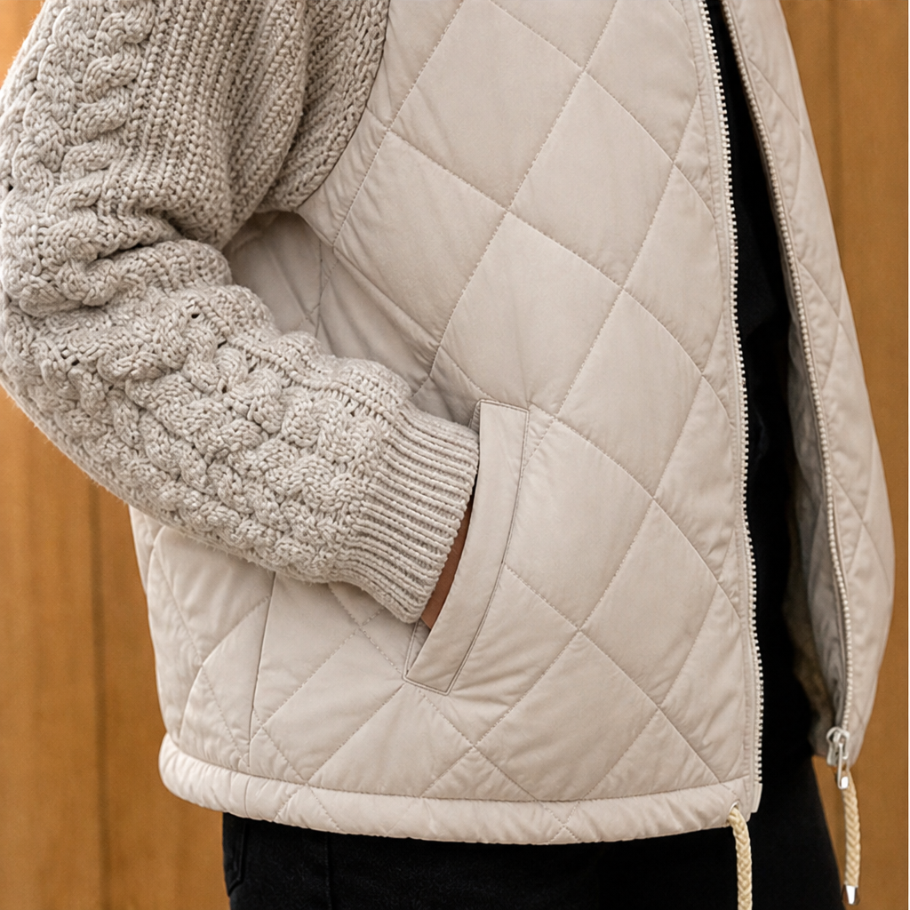 Women's quilted jacket with cable-knit sleeves and high collar