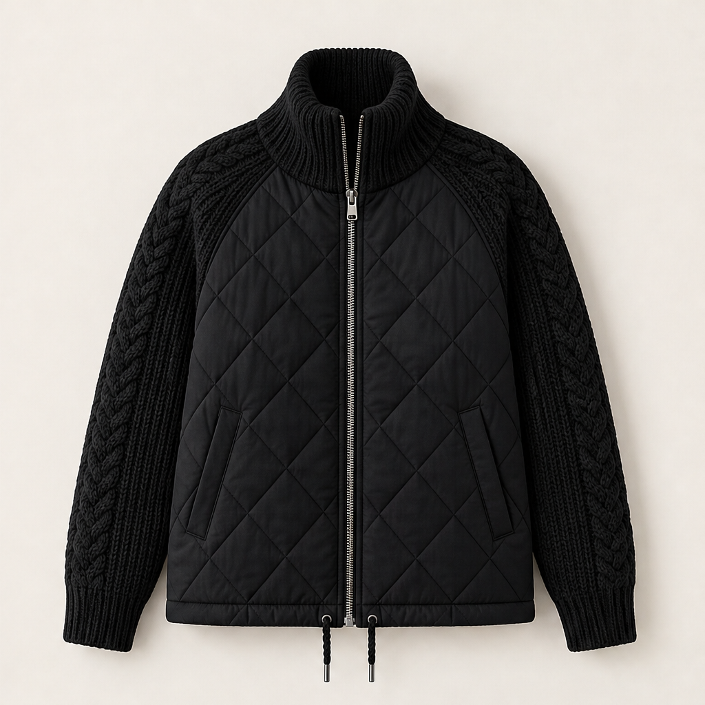 Women's quilted jacket with cable-knit sleeves and high collar