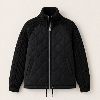 Women's quilted jacket with cable-knit sleeves and high collar