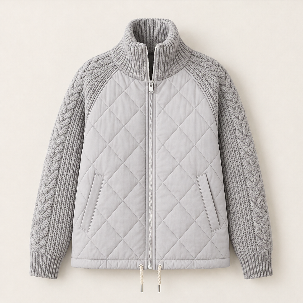 Women's quilted jacket with cable-knit sleeves and high collar