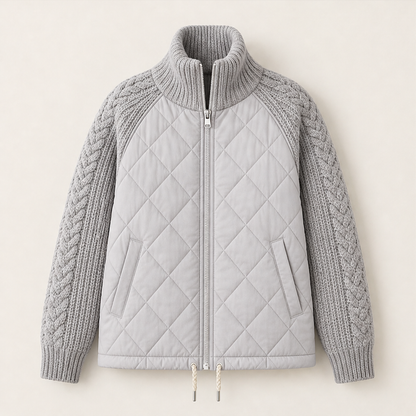 Women's quilted jacket with cable-knit sleeves and high collar