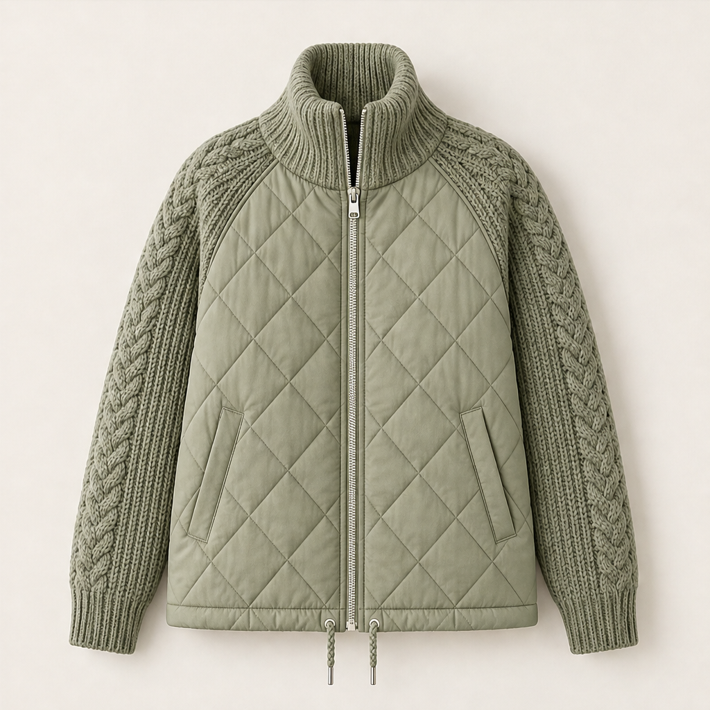 Women's quilted jacket with cable-knit sleeves and high collar
