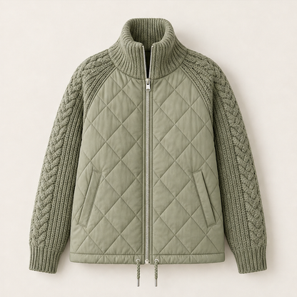 Women's quilted jacket with cable-knit sleeves and high collar