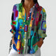 Women's multicolor geometric button-up blouse with collar and long sleeves