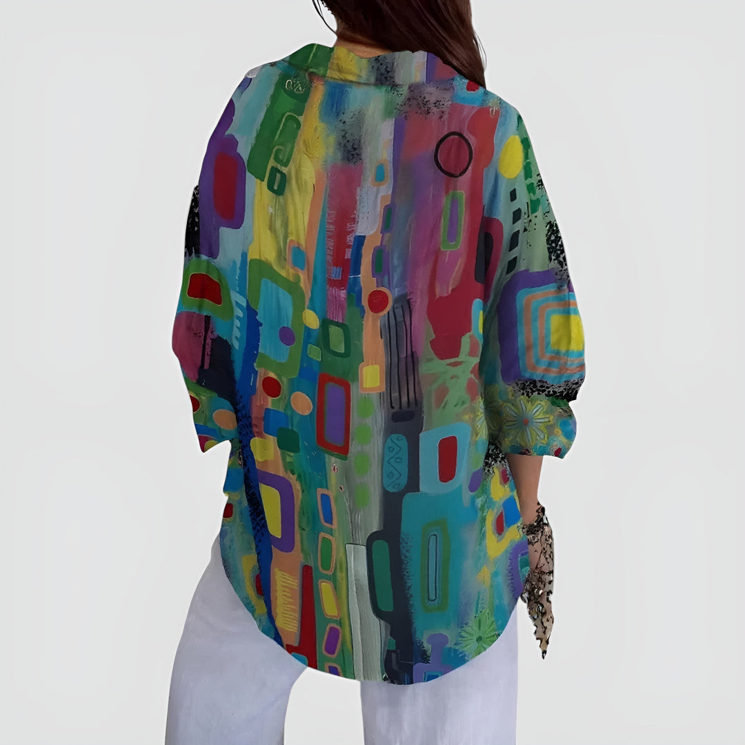 Women's multicolor geometric button-up blouse with collar and long sleeves