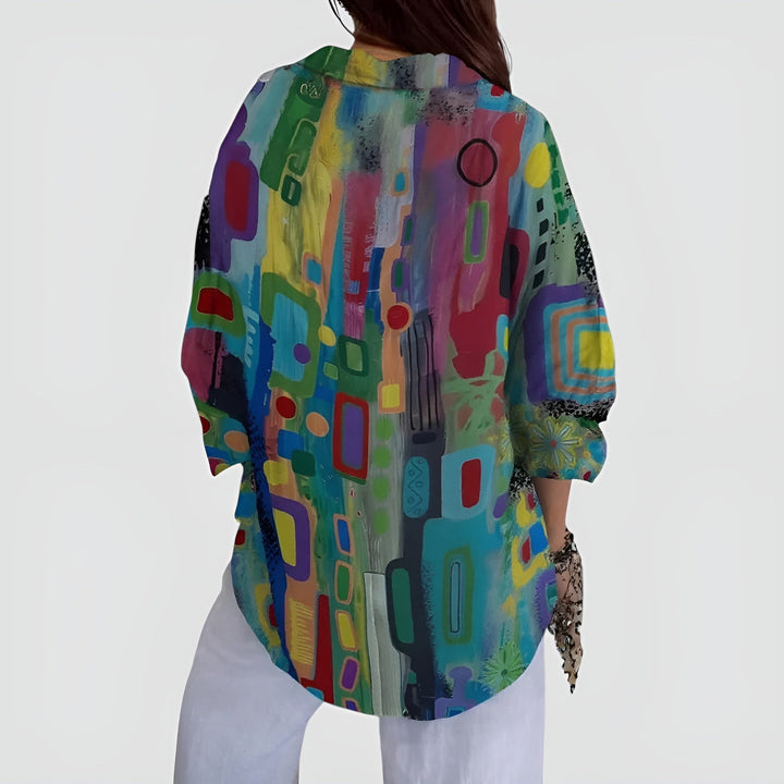 Women's multicolor geometric button-up blouse with collar and long sleeves
