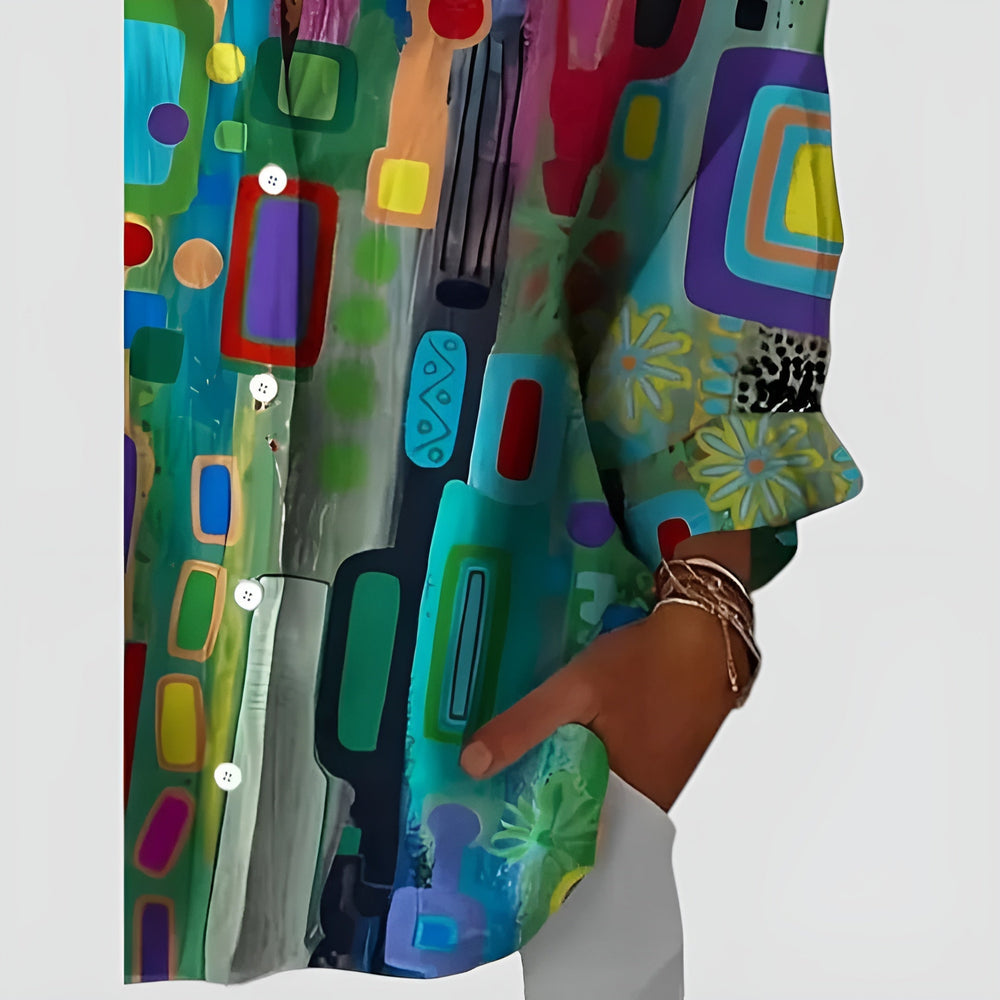 Women's multicolor geometric button-up blouse with collar and long sleeves