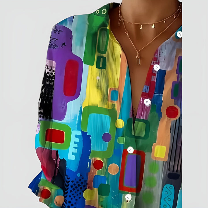 Women's multicolor geometric button-up blouse with collar and long sleeves