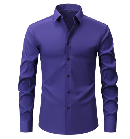 Men's long-sleeve solid shirt with pointed collar and button front