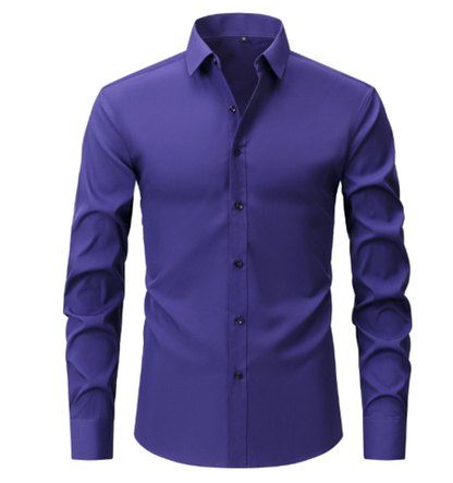 Men's long-sleeve solid shirt with pointed collar and button front