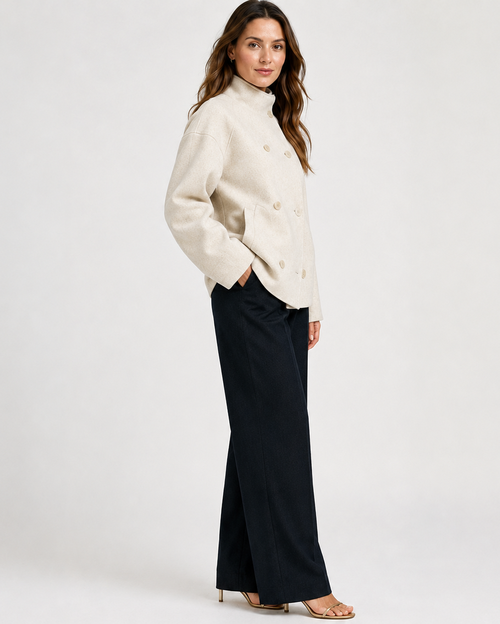 Women's beige turtleneck coat with button front and long sleeves