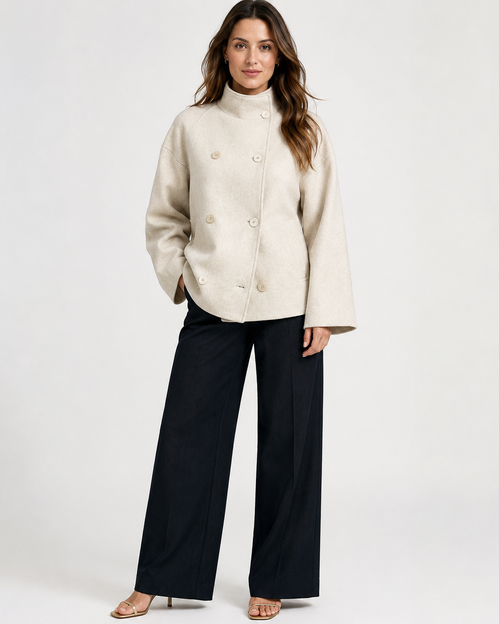 Women's beige turtleneck coat with button front and long sleeves