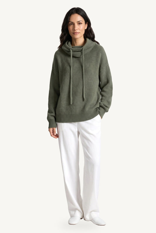 Women's textured knit hoodie with drawstring hood and long sleeves