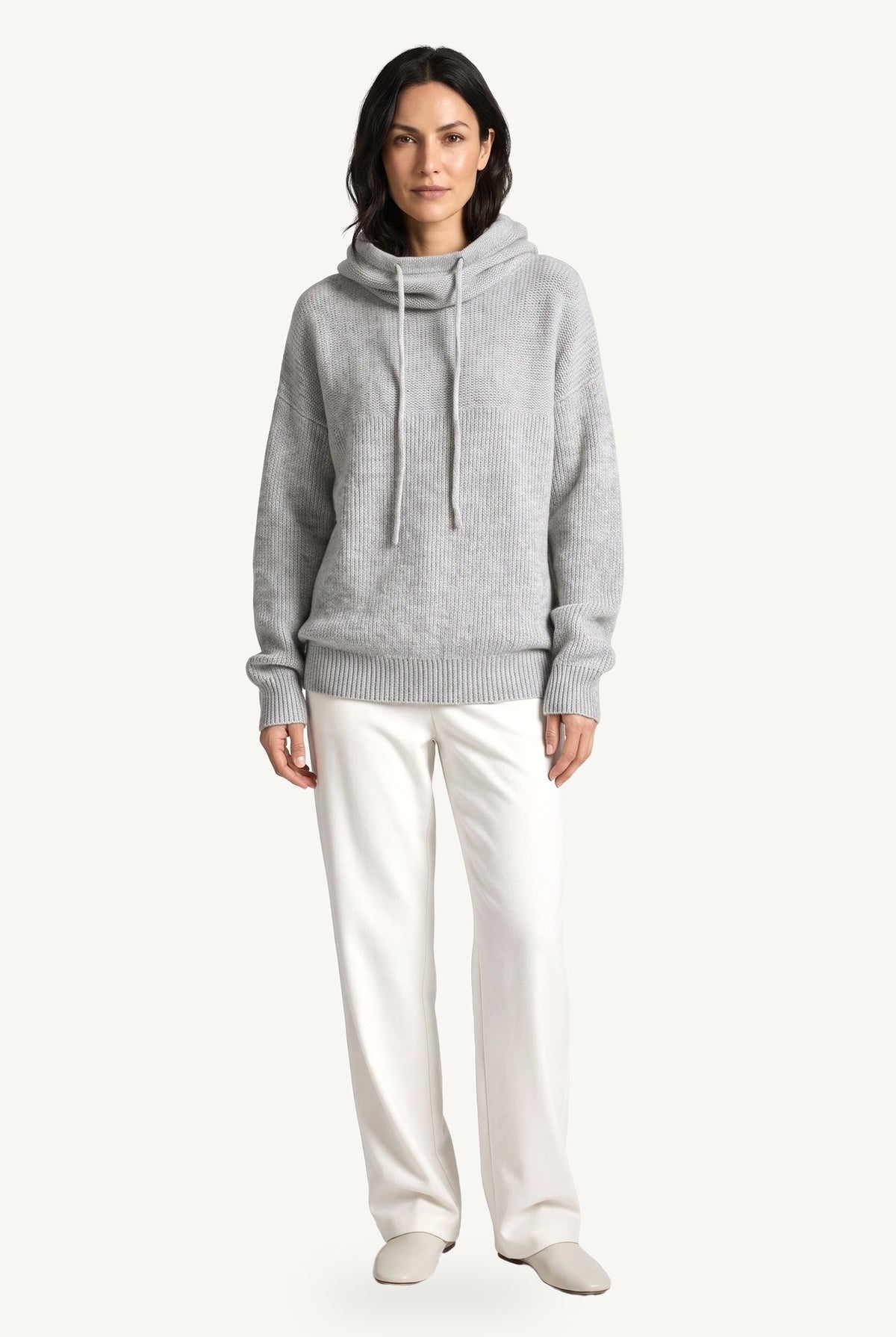 Women's textured knit hoodie with drawstring hood and long sleeves