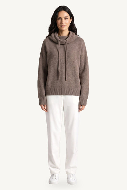 Women's textured knit hoodie with drawstring hood and long sleeves