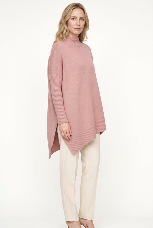 Women's oversized mock neck sweater with long sleeves and asymmetric hem