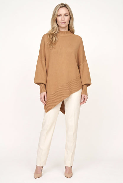Women's oversized mock neck sweater with long sleeves and asymmetric hem
