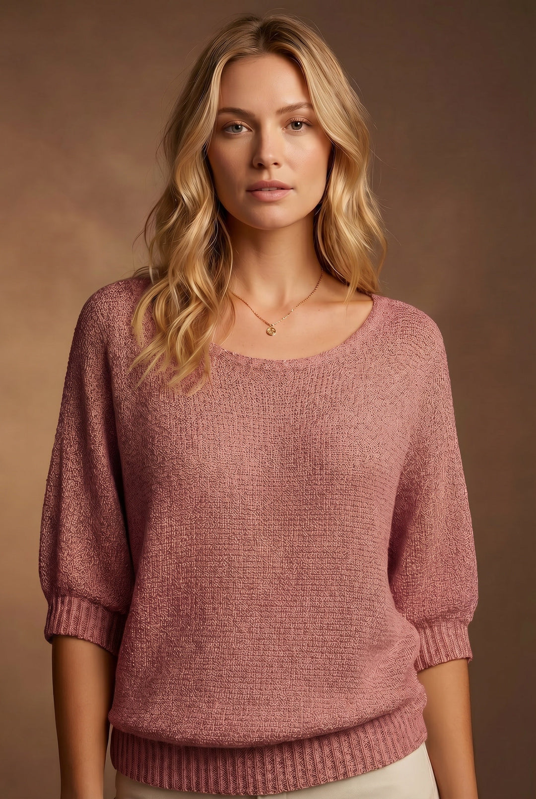 Women's scoop neck knit sweater with balloon sleeves and ribbed trims