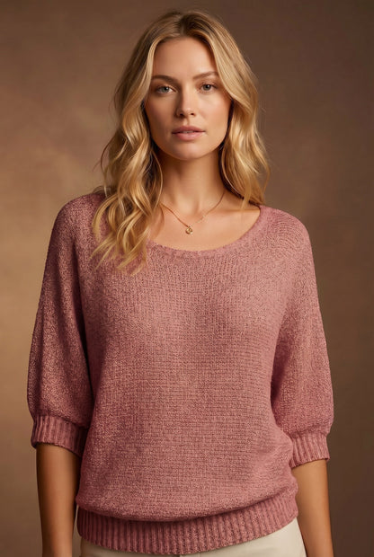 Women's scoop neck knit sweater with balloon sleeves and ribbed trims