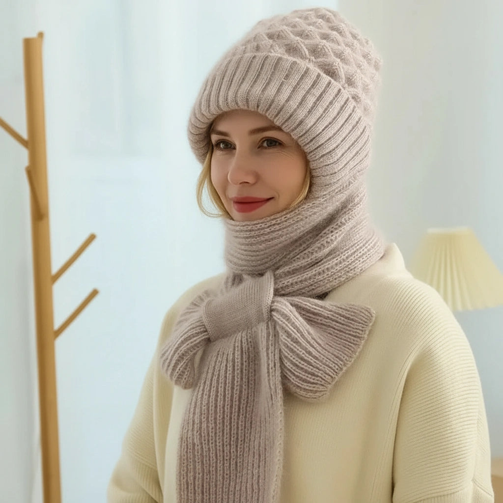 Women's ribbed knit hat and long scarf set with ear coverage