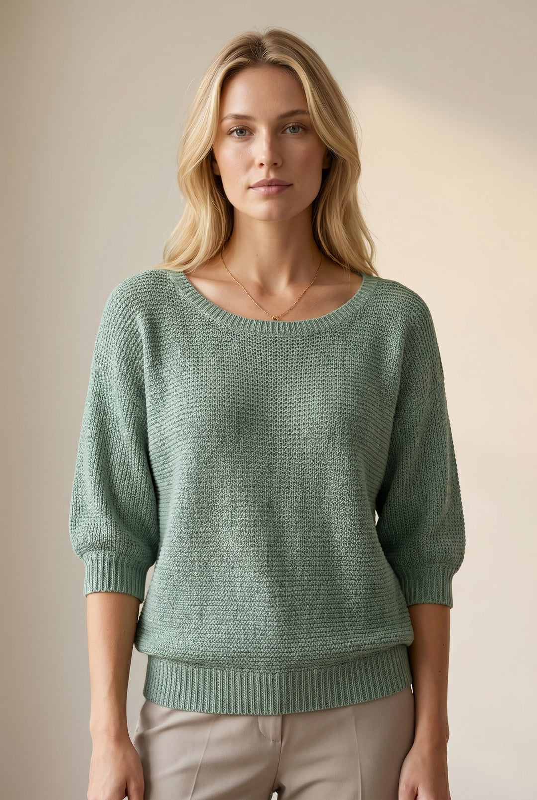 Women's scoop neck knit sweater with balloon sleeves and ribbed trims