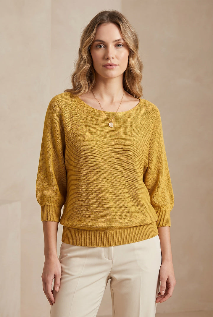 Women's scoop neck knit sweater with balloon sleeves and ribbed trims