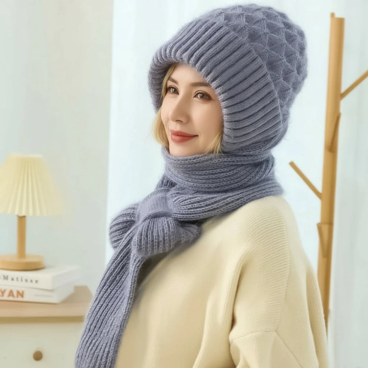 Women's ribbed knit hat and long scarf set with ear coverage