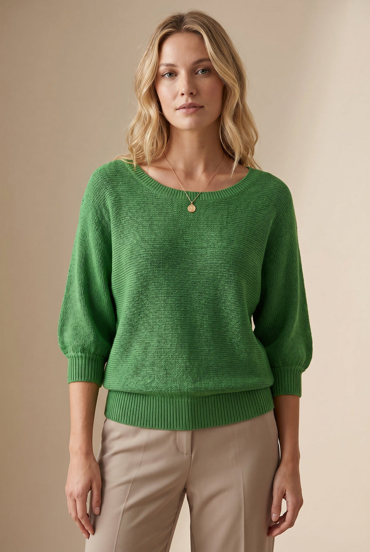 Women's scoop neck knit sweater with balloon sleeves and ribbed trims