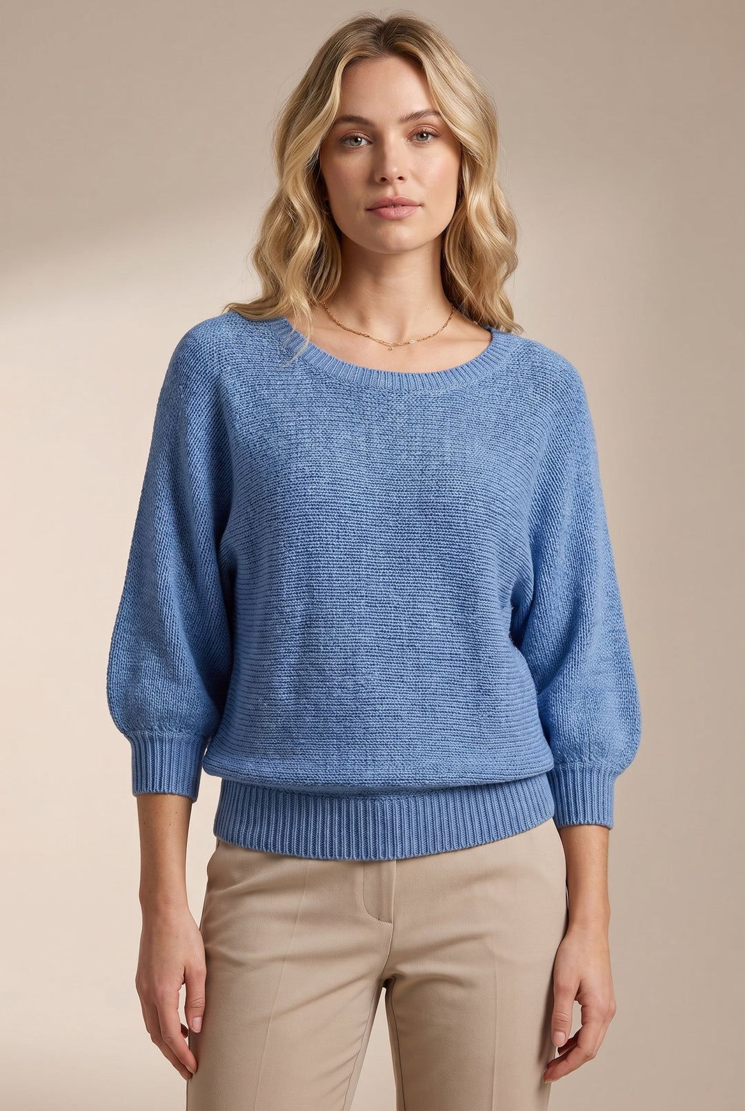 Women's scoop neck knit sweater with balloon sleeves and ribbed trims