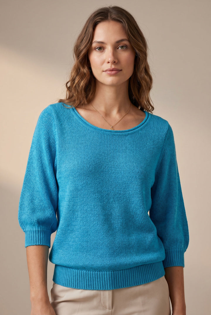 Women's scoop neck knit sweater with balloon sleeves and ribbed trims