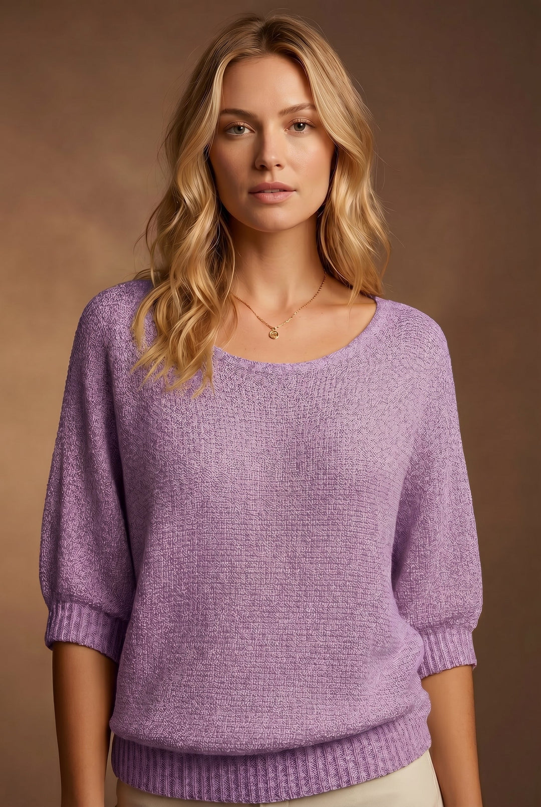 Women's scoop neck knit sweater with balloon sleeves and ribbed trims