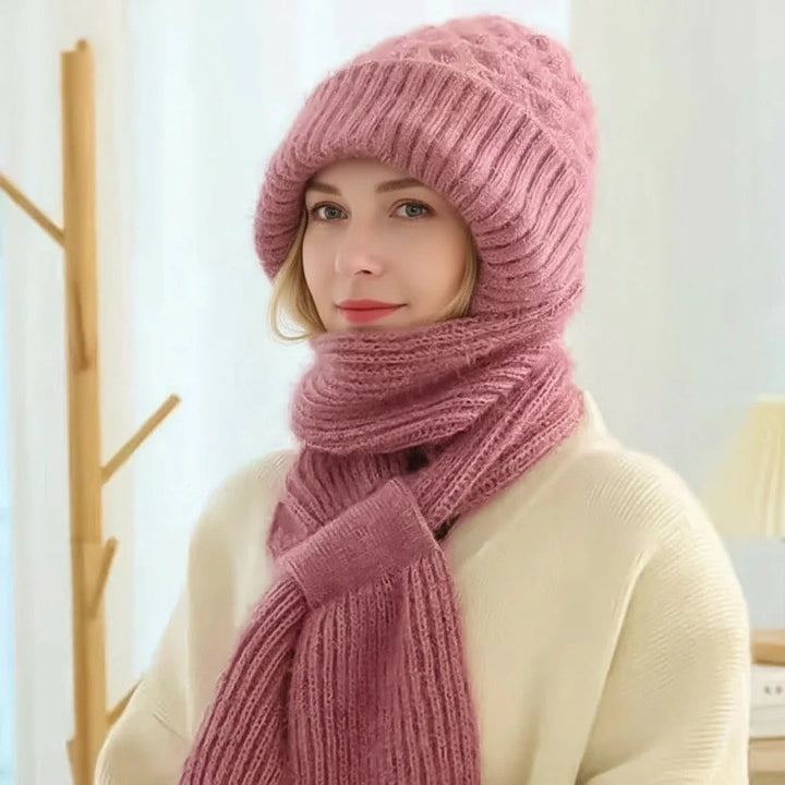 Women's ribbed knit hat and long scarf set with ear coverage
