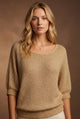 Women's scoop neck knit sweater with balloon sleeves and ribbed trims