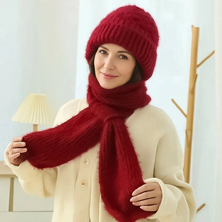 Women's ribbed knit hat and long scarf set with ear coverage