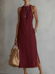 Women's sleeveless midi dress with Mao collar and lace trim, shown in white and lime green