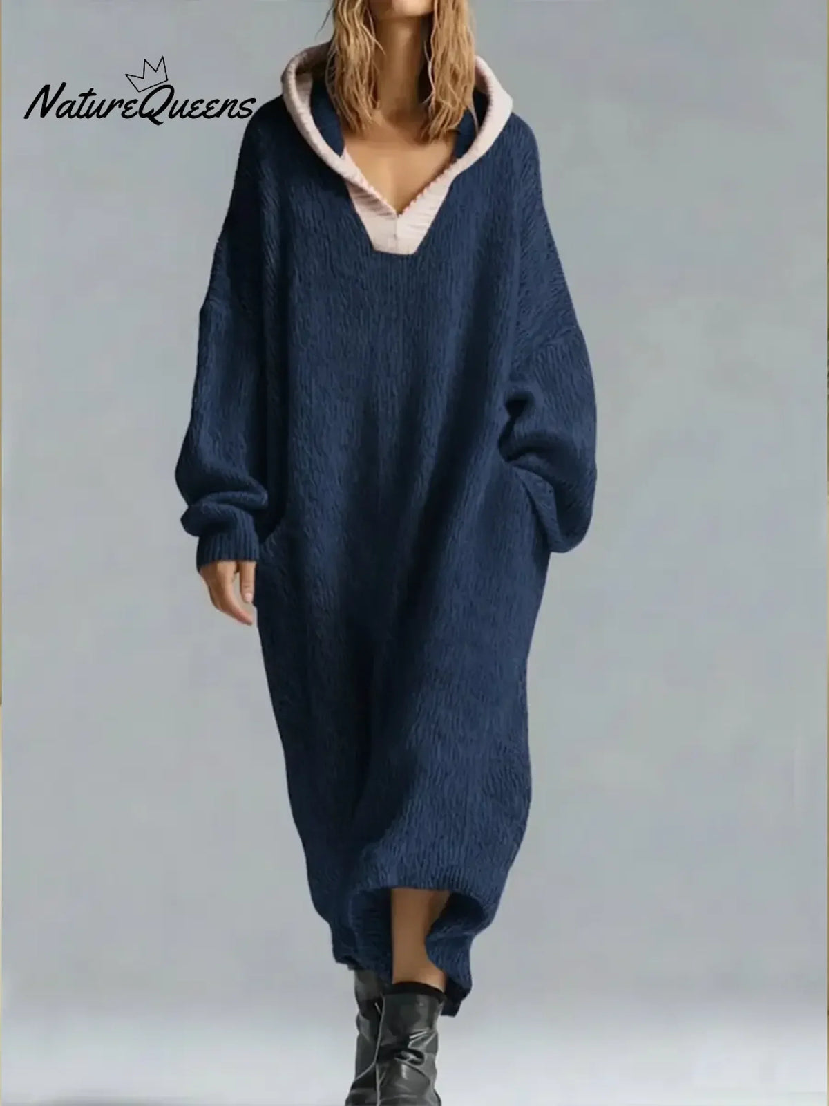 Women's oversized textured hooded maxi sweater dress with long sleeves and ribbed hem