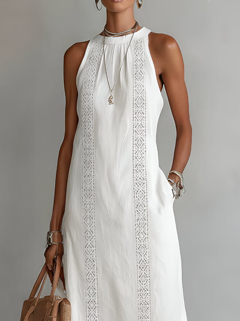 Women's sleeveless midi dress with Mao collar and lace trim, shown in white and lime green