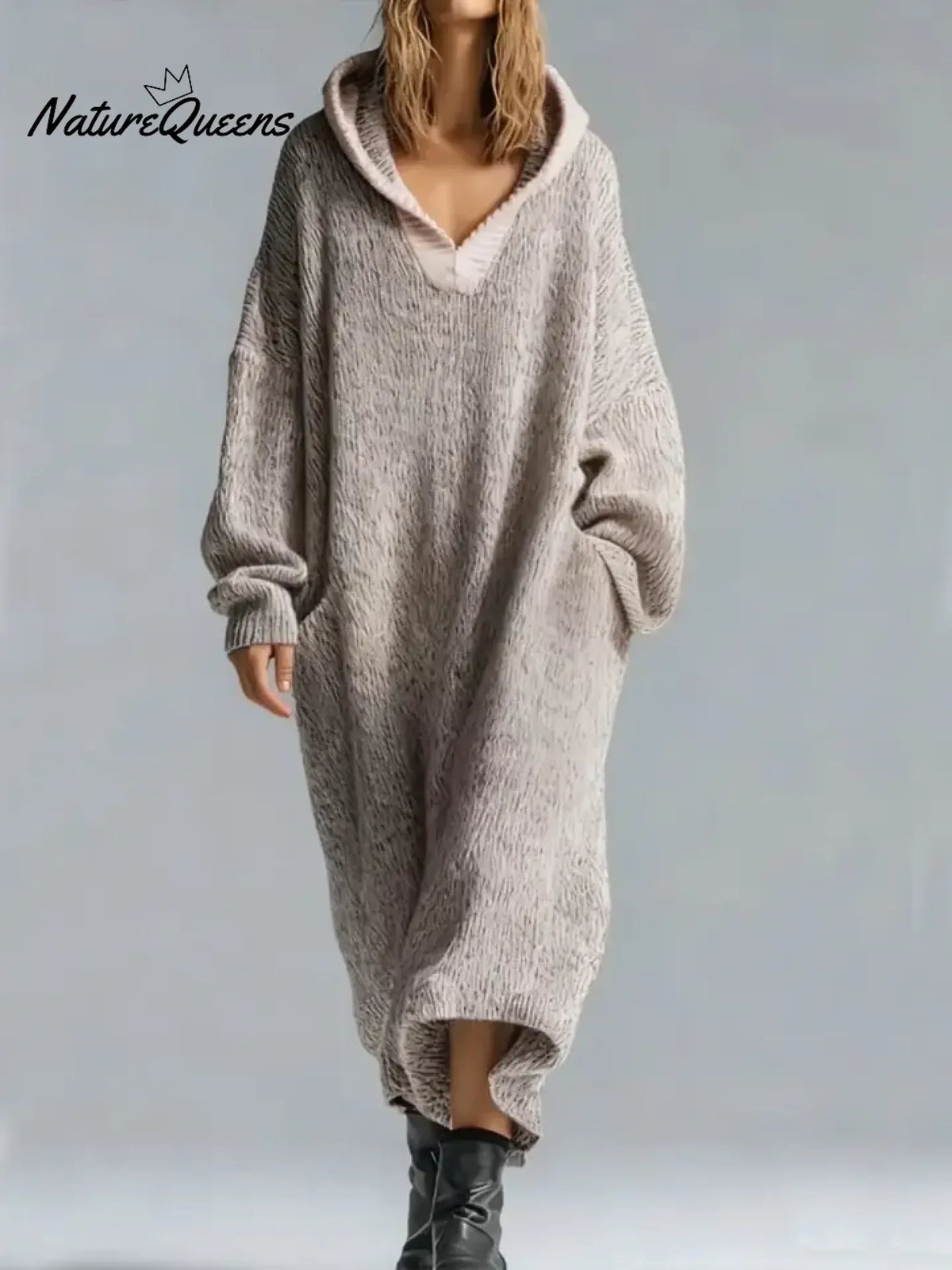 Women's oversized textured hooded maxi sweater dress with long sleeves and ribbed hem