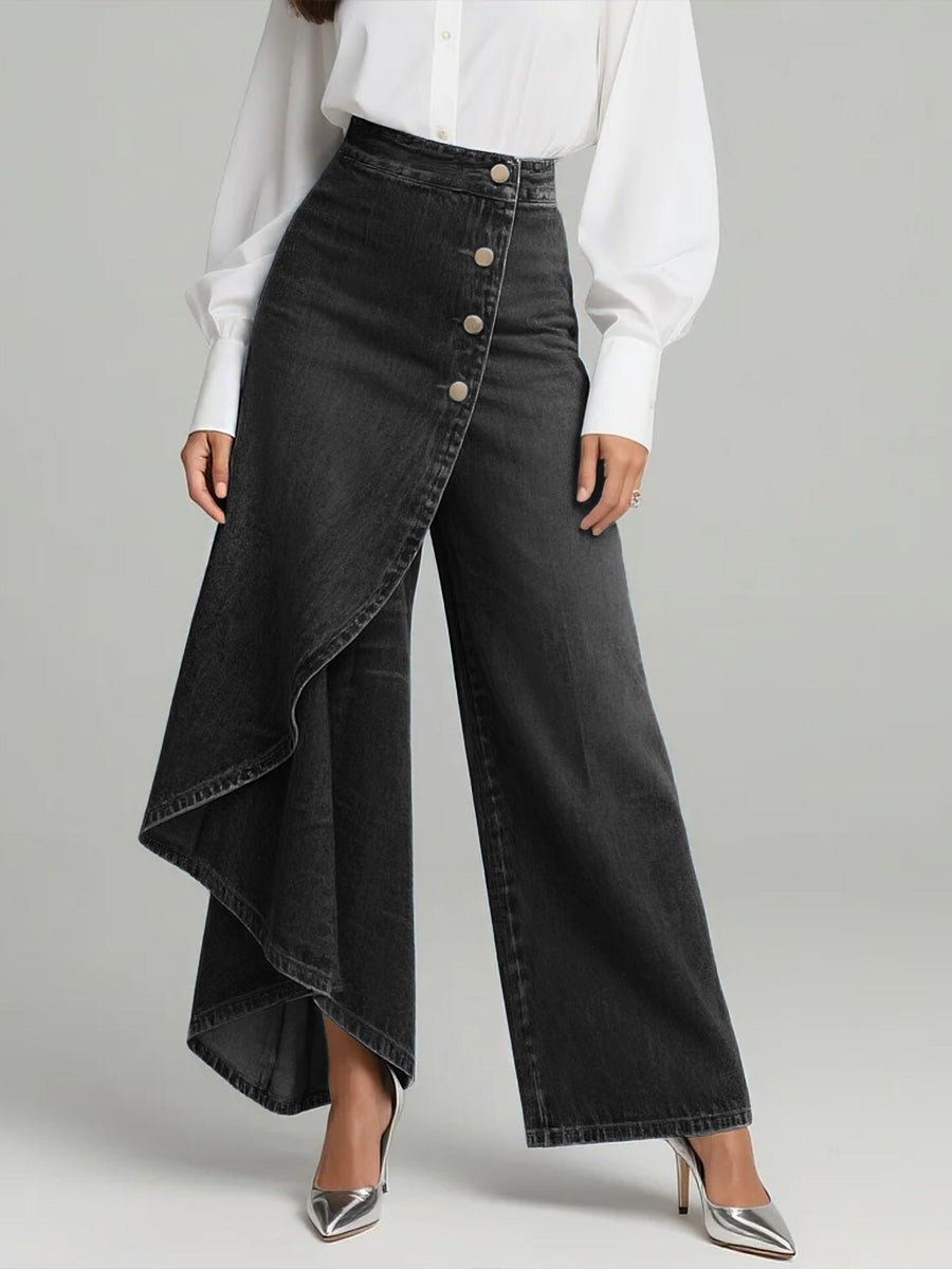 Women's wide-leg jeans with high rise, asymmetric front overlay and button fastening