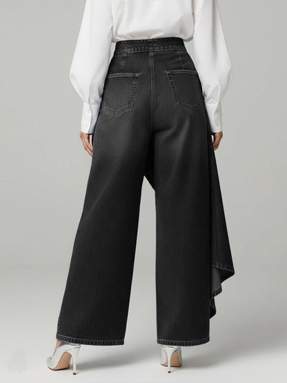 Women's wide-leg jeans with high rise, asymmetric front overlay and button fastening