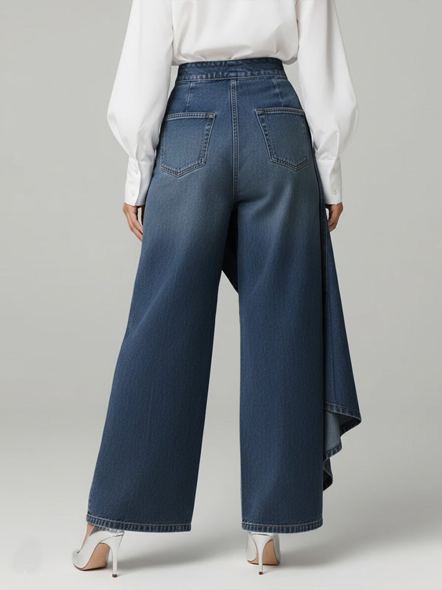 Women's wide-leg jeans with high rise, asymmetric front overlay and button fastening