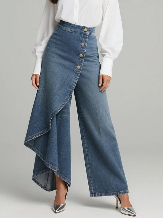 Women's wide-leg jeans with high rise, asymmetric front overlay and button fastening