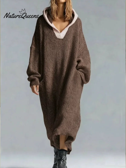 Women's oversized textured hooded maxi sweater dress with long sleeves and ribbed hem