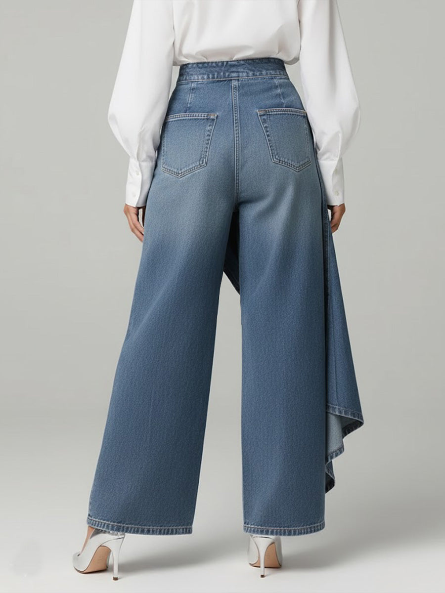 Women's wide-leg jeans with high rise, asymmetric front overlay and button fastening