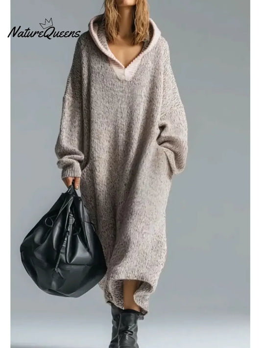 Women's oversized textured hooded maxi sweater dress with long sleeves and ribbed hem